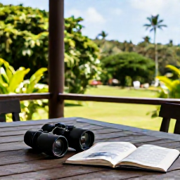 Caribbean Holidays, Guadeloupe Birdwatching, Relaxed Guadeloupe eco-lodge terrace overlooking tropical greenery, with binoculars and a field guide on a table