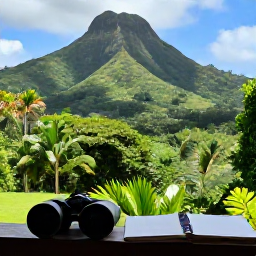 Caribbean Holidays, Guadeloupe Birdwatching, Relaxed nature holiday scene in Guadeloupe, binoculars beside a notebook on a veranda overlooking lush tropical hills