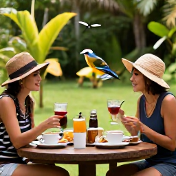 Caribbean Holidays, Guadeloupe Birdwatching, Relaxed outdoor breakfast near a tropical garden after a morning birdwatching walk in Guadeloupe