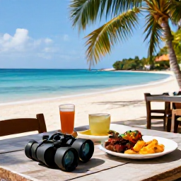 Caribbean Holidays, Guadeloupe Birdwatching, Relaxed outdoor caf&eacute; near a Guadeloupe beach, with local Caribbean food, binoculars and a tropical view