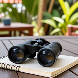 Caribbean Holidays, Guadeloupe Birdwatching, Relaxed outdoor caf&eacute; terrace in Guadeloupe with binoculars, a field notebook and tropical greenery, suggesting a comfortable birdwatching holiday