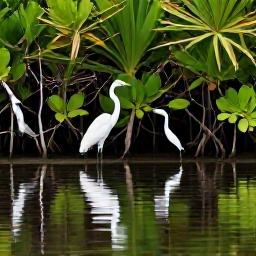 Caribbean Holidays, Guadeloupe Birdwatching, White heron and wading birds beside a calm mangrove lagoon in Guadeloupe, with reflections and tropical coastal plants