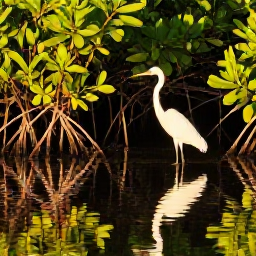 Caribbean Holidays, Guadeloupe Birdwatching, White tropical heron beside a calm Guadeloupe mangrove lagoon, reflections on the water and warm afternoon light