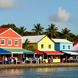Caribbean Holidays, Guadeloupe City Breaks, Colourful waterfront in Pointe-a-Pitre, Guadeloupe, with market stalls, tropical buildings and visitors exploring on a sunny August morning
