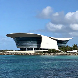 Caribbean Holidays, Guadeloupe City Breaks, Elegant Memorial ACTe museum beside the sea in Pointe-&agrave;-Pitre, with modern architecture and blue Caribbean water