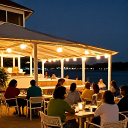 Caribbean Holidays, Guadeloupe City Breaks, Evening waterfront scene in Pointe-a-Pitre, Guadeloupe, with outdoor dining, warm lights and people enjoying a relaxed August night