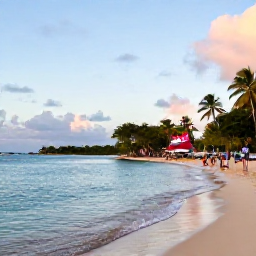 Caribbean Holidays, Guadeloupe City Breaks, Golden Caribbean beach near Pointe-a-Pitre, Guadeloupe, with calm turquoise water, palm trees and visitors enjoying an August afternoon