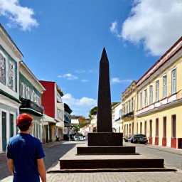 Caribbean Holidays, Guadeloupe City Breaks, Historic streets and colourful colonial architecture in Pointe-a-Pitre, Guadeloupe, with a visitor viewing a cultural landmark