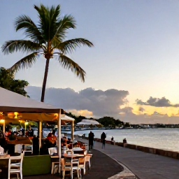 Caribbean Holidays, Guadeloupe City Breaks, Relaxed waterfront promenade in Pointe-&agrave;-Pitre at sunset with caf&eacute;s, palm trees and views across the harbour