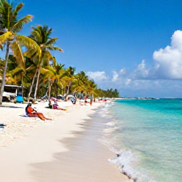 Caribbean Holidays, Guadeloupe City Breaks, Sunny Guadeloupe coastline near Pointe-&agrave;-Pitre with turquoise water, palm trees and visitors enjoying a relaxed beach day