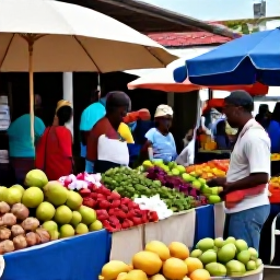 Caribbean Holidays, Guadeloupe City Breaks, Traditional Guadeloupean market in Pointe-a-Pitre with colourful tropical fruit, spices, flowers and local shoppers