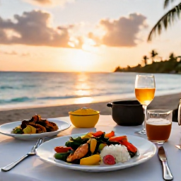 Caribbean Holidays, Guadeloupe Cooking, A beautifully served Creole dinner beside the sea in Guadeloupe at sunset, with seafood, rice and tropical vegetables