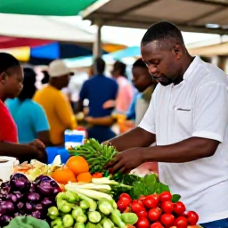 Caribbean Holidays, Guadeloupe Cooking, A chef and visitors choosing vegetables, herbs and spices at a lively Guadeloupe market