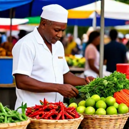 Caribbean Holidays, Guadeloupe Cooking, A local Guadeloupe cook choosing herbs and vegetables at a bustling market, with baskets of chillies, limes and tropical produce