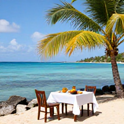 Caribbean Holidays, Guadeloupe Cooking, A sunny Guadeloupe coastline with turquoise water, palm trees and a small table set for a relaxed local lunch