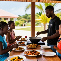 Caribbean Holidays, Guadeloupe Cooking, A welcoming open-air cooking class in Guadeloupe with visitors preparing Creole dishes around a wooden table