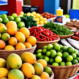 Caribbean Holidays, Guadeloupe Cooking, Bustling Guadeloupe food market with baskets of mangoes, limes, chillies, herbs and freshly caught fish