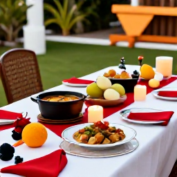 Caribbean Holidays, Guadeloupe Cooking, Guadeloupe Christmas table outdoors with Creole dishes, tropical fruit, candles and festive decorations