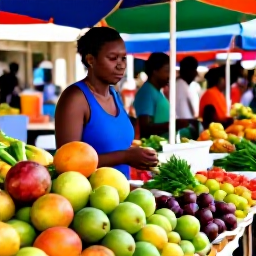 Caribbean Holidays, Guadeloupe Cooking Holidays, A bright outdoor market in Pointe-a-Pitre, Guadeloupe, with colourful tropical fruit, spices, fresh herbs and local shoppers