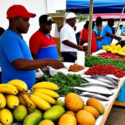 Caribbean Holidays, Guadeloupe Cooking Holidays, A bustling Guadeloupe food market with vendors selling plantains, mangoes, chillies, fresh fish and aromatic herbs