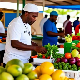 Caribbean Holidays, Guadeloupe Cooking Holidays, A colourful Guadeloupe market in May with tropical fruit, fresh herbs, spices and local cooks choosing ingredients