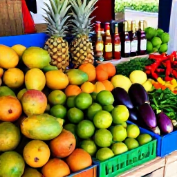 Caribbean Holidays, Guadeloupe Cooking Holidays, A colourful Guadeloupe market stall displaying mangoes, pineapples, limes, peppers, aubergines, herbs and bottles of local sauce