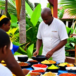 Caribbean Holidays, Guadeloupe Cooking Holidays, A friendly Guadeloupean chef leading a small outdoor cooking class beside a tropical garden, with bowls of spices and fresh ingredients