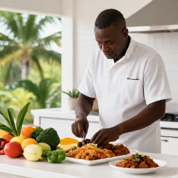 Caribbean Holidays, Guadeloupe Cooking Holidays, A friendly Guadeloupean chef teaching visitors to prepare Creole dishes in a bright kitchen with tropical ingredients