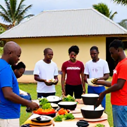 Caribbean Holidays, Guadeloupe Cooking Holidays, A friendly outdoor Guadeloupe cooking class beside a traditional Creole home, with guests preparing fresh fish, vegetables, herbs and spices