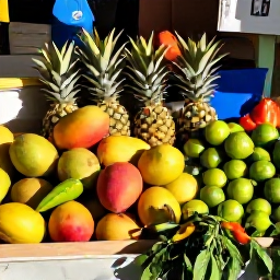 Caribbean Holidays, Guadeloupe Cooking Holidays, A Guadeloupe market stall displaying pineapples, bananas, mangoes, limes, peppers and aromatic herbs in warm morning light