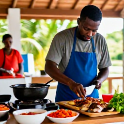 Caribbean Holidays, Guadeloupe Cooking Holidays, A hands-on Creole cooking class in a light Guadeloupe kitchen, with a chef preparing spices, fish and vegetables