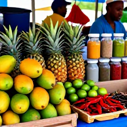 Caribbean Holidays, Guadeloupe Cooking Holidays, A lively Guadeloupe market stall displaying pineapples, mangoes, limes, chillies, vanilla and jars of Caribbean spices