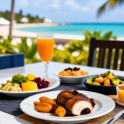Caribbean Holidays, Guadeloupe Cooking Holidays, A relaxed February lunch on a shaded Guadeloupe terrace, featuring Creole dishes, grilled fish, plantain, rice, salad and tropical fruit