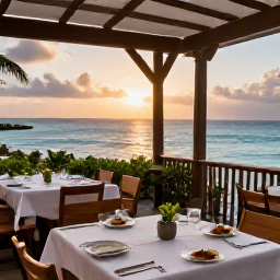 Caribbean Holidays, Guadeloupe Cooking Holidays, A relaxed seaside restaurant terrace in Guadeloupe at sunset, with Creole dishes and the Caribbean Sea beyond