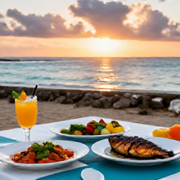 Caribbean Holidays, Guadeloupe Cooking Holidays, A relaxed seaside table in Guadeloupe with Creole dishes, grilled fish, tropical fruit and a soft sunset over the Caribbean Sea