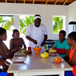 Caribbean Holidays, Guadeloupe Cooking Holidays, A small group cooking class in a bright Guadeloupe kitchen, preparing traditional Creole food with a local chef