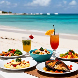 Caribbean Holidays, Guadeloupe Cooking Holidays, A sunny Guadeloupe coastal table in May with Creole dishes, grilled fish, tropical salad and chilled fruit drinks overlooking the sea