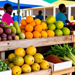 Caribbean Holidays, Guadeloupe Cooking Holidays, A sunny Guadeloupe market in February, with colourful tropical fruit, spices, fresh herbs and local produce displayed on wooden stalls