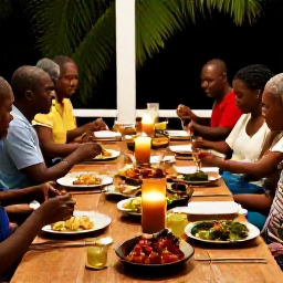 Caribbean Holidays, Guadeloupe Cooking Holidays, A welcoming evening cooking holiday table in Guadeloupe with local dishes, candles, rum punch and travellers sharing a meal with hosts