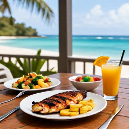 Caribbean Holidays, Guadeloupe Cooking Holidays, An inviting Caribbean table on a shaded terrace in Guadeloupe, set with grilled fish, plantain, salad, tropical fruit and a chilled drink