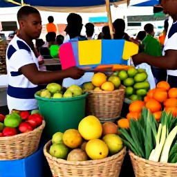 Caribbean Holidays, Guadeloupe Cooking Holidays, Colourful Guadeloupean market in July, baskets of tropical fruit, fresh herbs, spices and local vegetables, lively Caribbean atmosphere