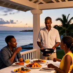 Caribbean Holidays, Guadeloupe Cooking Holidays, Couple enjoying a relaxed Guadeloupe cooking holiday dinner on a terrace, with freshly prepared Creole food and warm evening light