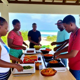 Caribbean Holidays, Guadeloupe Cooking Holidays, Friendly cooking class in a bright Guadeloupe kitchen, with visitors preparing Creole dishes using seafood, vegetables, herbs and spices
