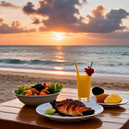 Caribbean Holidays, Guadeloupe Cooking Holidays, Guadeloupe beach at sunset with a laid-back outdoor table, grilled fish, tropical salad and local drinks