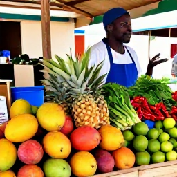 Caribbean Holidays, Guadeloupe Cooking Holidays, Local Guadeloupe food market with a friendly stallholder, colourful mangoes, pineapples, limes, chillies and fresh herbs