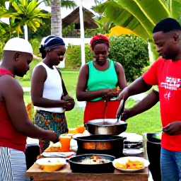 Caribbean Holidays, Guadeloupe Cooking Holidays, Outdoor cooking class in Guadeloupe with visitors preparing Creole dishes beside a tropical garden