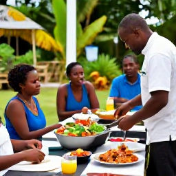 Caribbean Holidays, Guadeloupe Cooking Holidays, Outdoor Guadeloupe cooking class near a tropical garden, chef demonstrating fresh seafood and island spices to relaxed holidaymakers