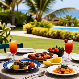 Caribbean Holidays, Guadeloupe Cooking Holidays, Outdoor Guadeloupe dining table overlooking a tropical garden, with Creole dishes, grilled fish, fruit and glasses of rum punch