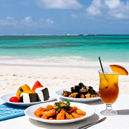 Caribbean Holidays, Guadeloupe Cooking Holidays, Outdoor table beside a Guadeloupe beach with local seafood dishes, tropical fruit, rum punch and views of turquoise Caribbean water