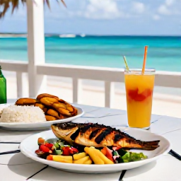 Caribbean Holidays, Guadeloupe Cooking Holidays, Outdoor table on a Guadeloupe terrace in June with grilled fish, plantains, rice, salad and tropical drinks